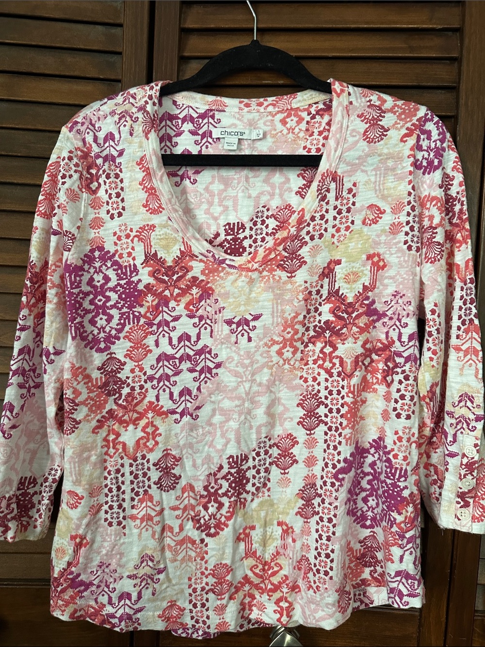 Chico's Pink and Coral Patterned Scoop Neck Long Sleeve Top